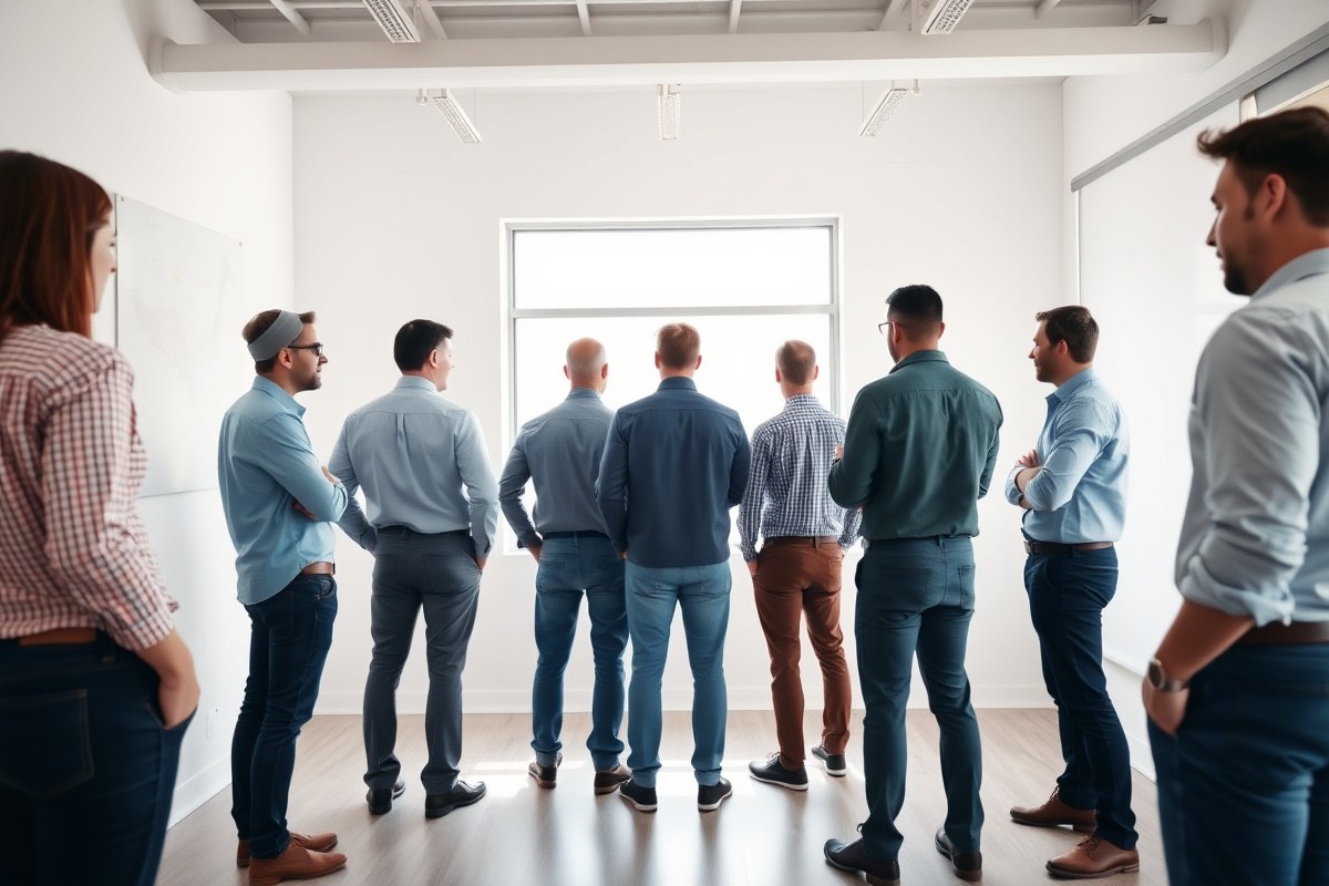 A small group of contractors standing together in a bright conference room