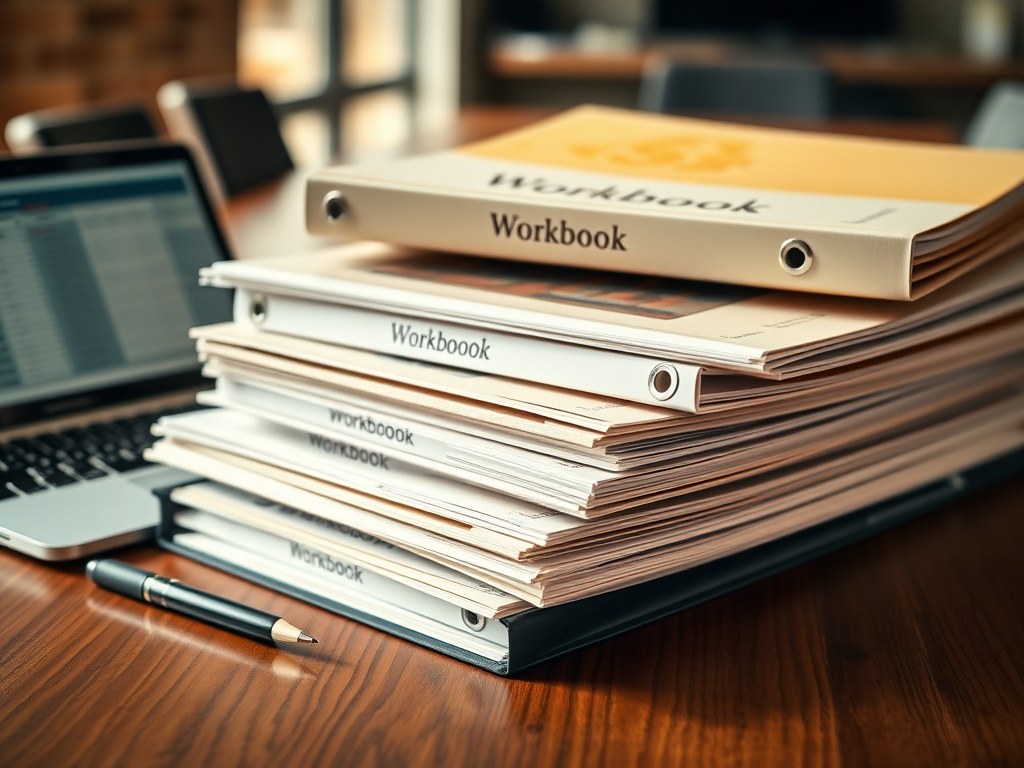 A stack of printed workbook binders and folders on a conference table, next to a laptop showing a spreadsheet