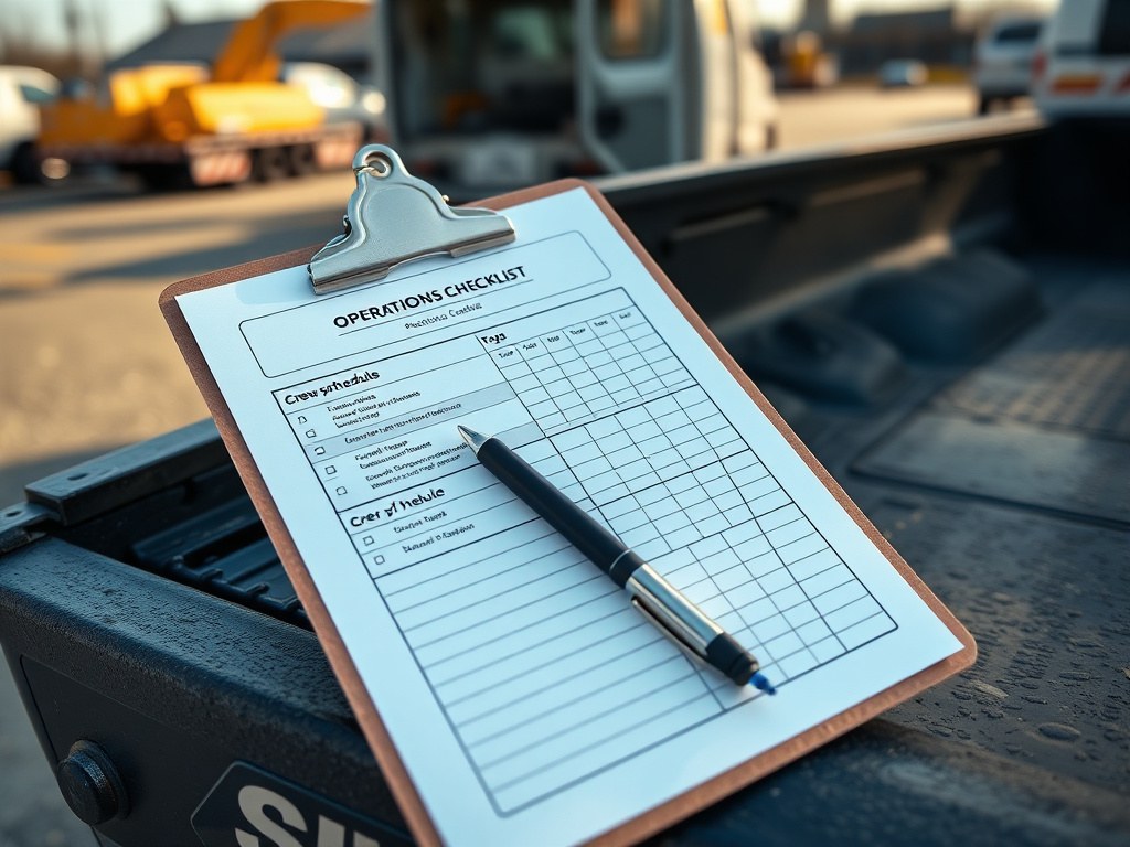 A clipboard with a printed operations checklist and crew schedule on a truck tailgate at a jobsite