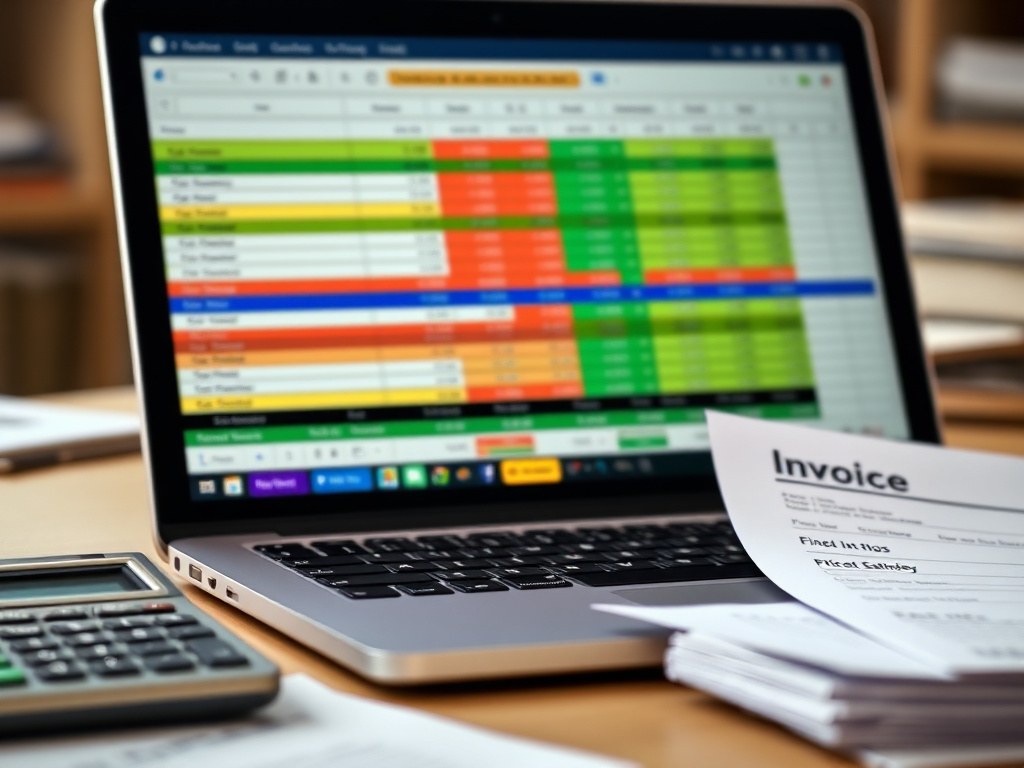 A laptop screen showing a pricing and estimating spreadsheet with columns and totals, next to a calculator and printed invoice