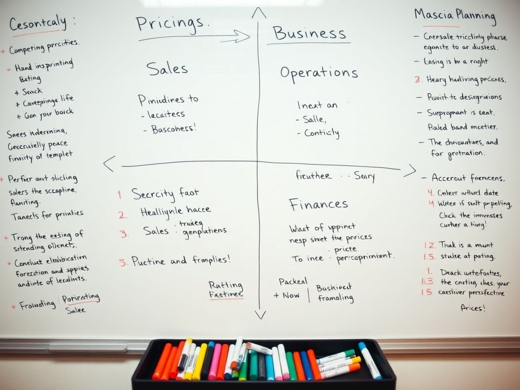 A whiteboard covered in a four-quadrant business planning diagram with notes on pricing, sales, operations, and finances