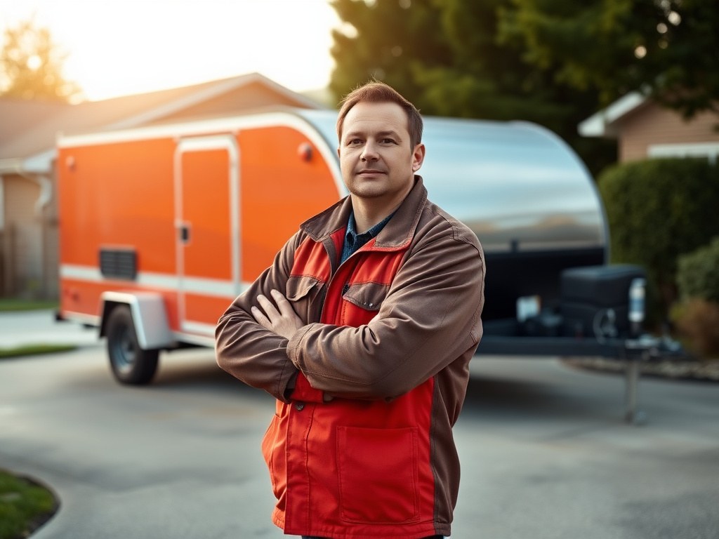 A small business owner standing in front of a parked utility trailer and truck in a driveway