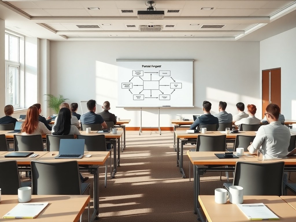 A bright conference room set up for an intensive business workshop, with notebooks and laptops at each seat and a business framework diagram on the whiteboard